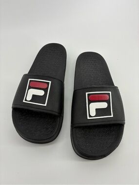 MASSIVE $10 SALE Fila Black Slide Sandals with Red and White Logo Accents
